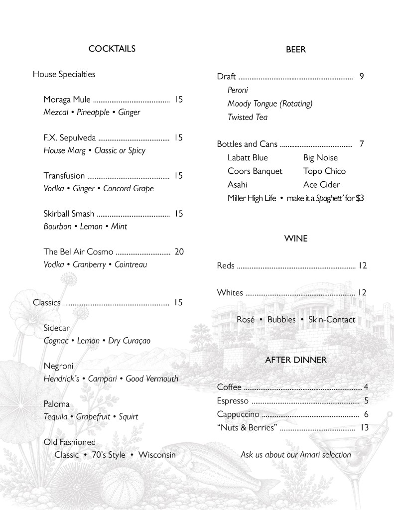 Cocktails, Beer, and Wine Menu