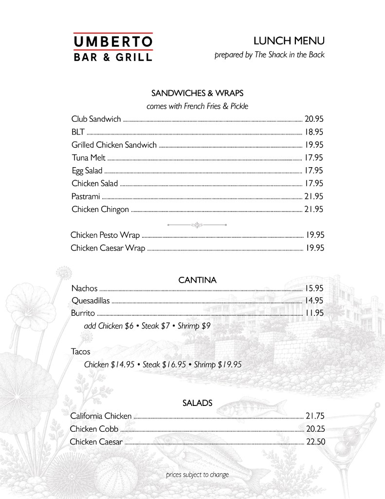 Lunch Menu - Available until dinner service daily