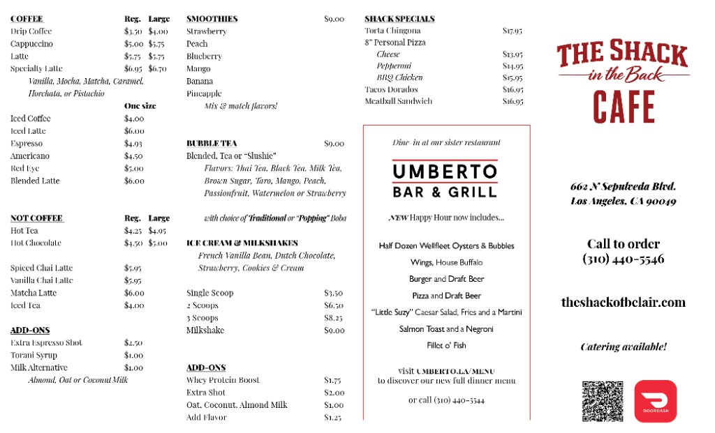 The Shack in the Back Café Menu - Front